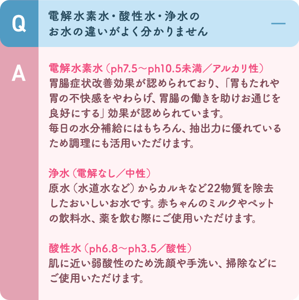 電解水素水（ph7.5～ph10.5未満／アルカリ性）浄水（電解なし／中性）酸性水（ph6.8～ph3.5／酸性）