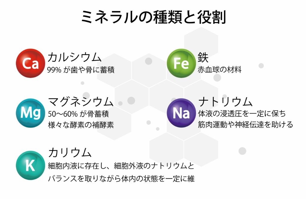 ここでは、代表的なミネラルとその役割を見てみましょう。
