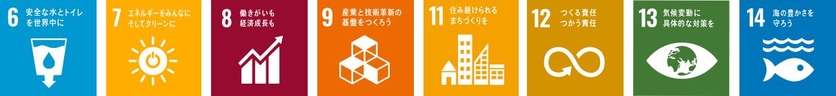 「6.安全な水とトイレを世界中に」「7.エネルギーをみんなにそしてクリーンに」「8.働きがいも経済成長も」「9.産業と技術革新の基盤をつくろう」「11.住み続けられるまちづくりを」「12.つくる責任つかう責任」「13.気候変動に具体的な対策を」「14.海の豊かさを守ろう」