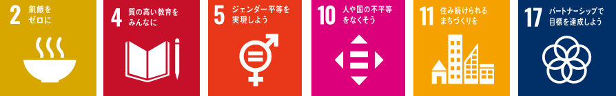 「2.飢餓をゼロに」「4.質の高い教育をみんなに」「5.ジェンダー平等を実現しよう」「10.人や国の不平等をなくそう」「11.住み続けられるまちづくりを」「17.パートナーシップで目標を達成しよう」